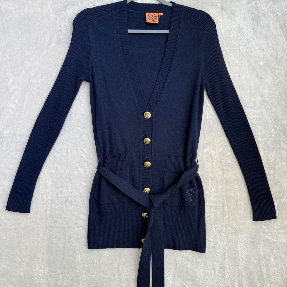 Tory Burch Simone Wool Cashmere Blend Belted Cardigan Womens XS Navy Quiet Lux